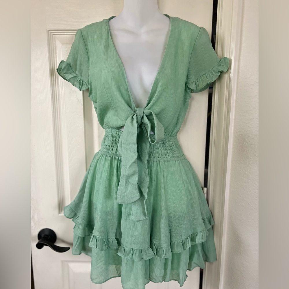 NWT Angel Biba Tie-Front Ruffled Mini Dress in Mint Green XS